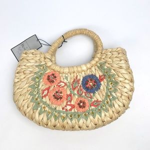 NOS Rolfs Woven Corn Husk Beaded Floral Design Lined Women's Purse Handbag    c